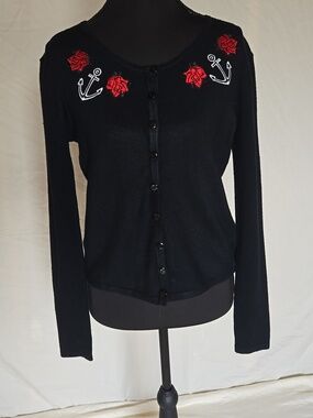 Collectif Black Cardigan Sweater With Red Rose And Anchor Embroidery UK16